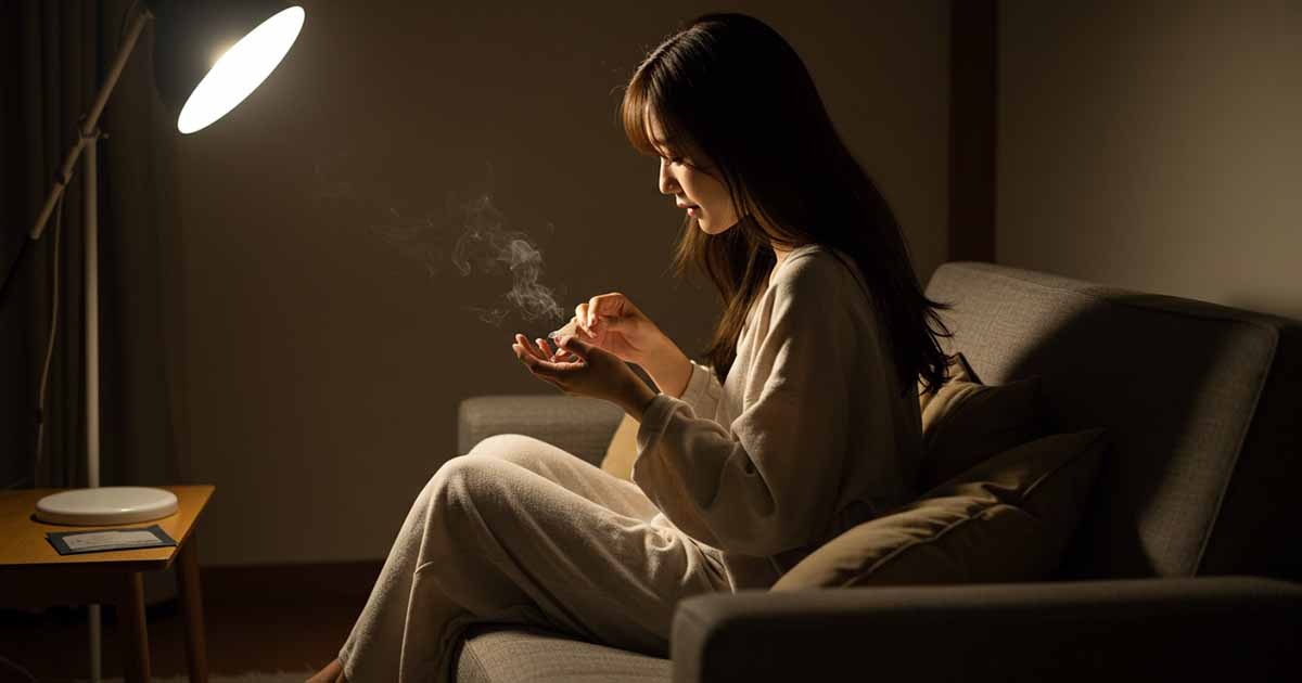女性がソファに座ってお灸を試しながら癒されている